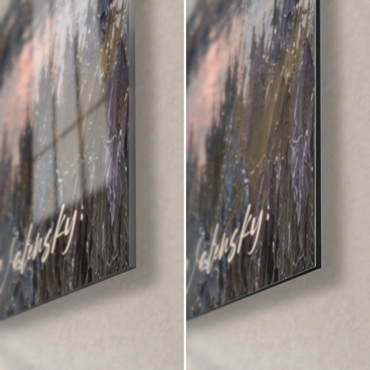 Tableau cheval blanc, coin bas droit : verre acrylique brillant aux reflets, alu Dibond mat gris et tranche noire de 3 mm