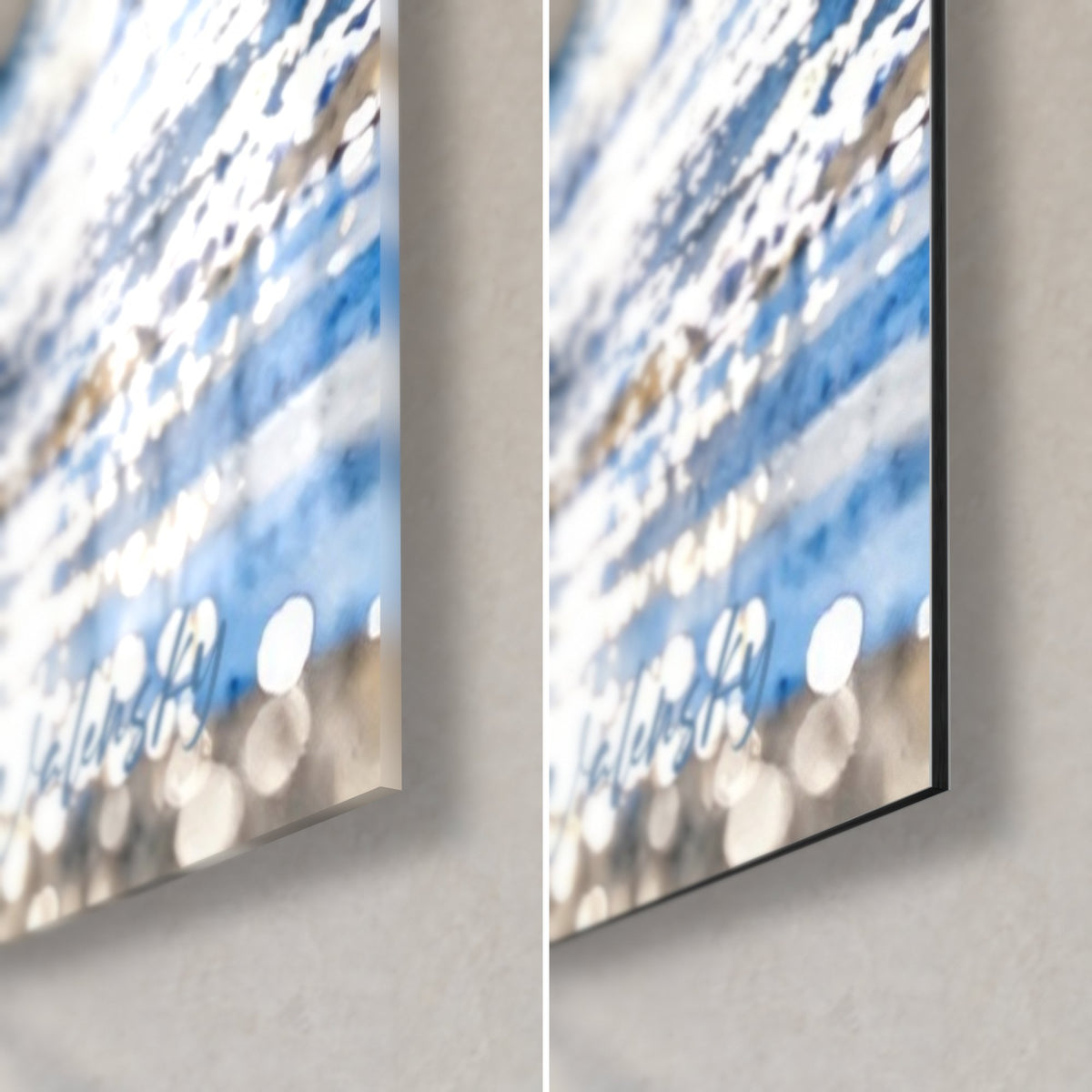Quadro destriero bianco con gocce blu, angolo in basso a destra: vetro acrilico lucido a sinistra, Dibond nero opaco a destra