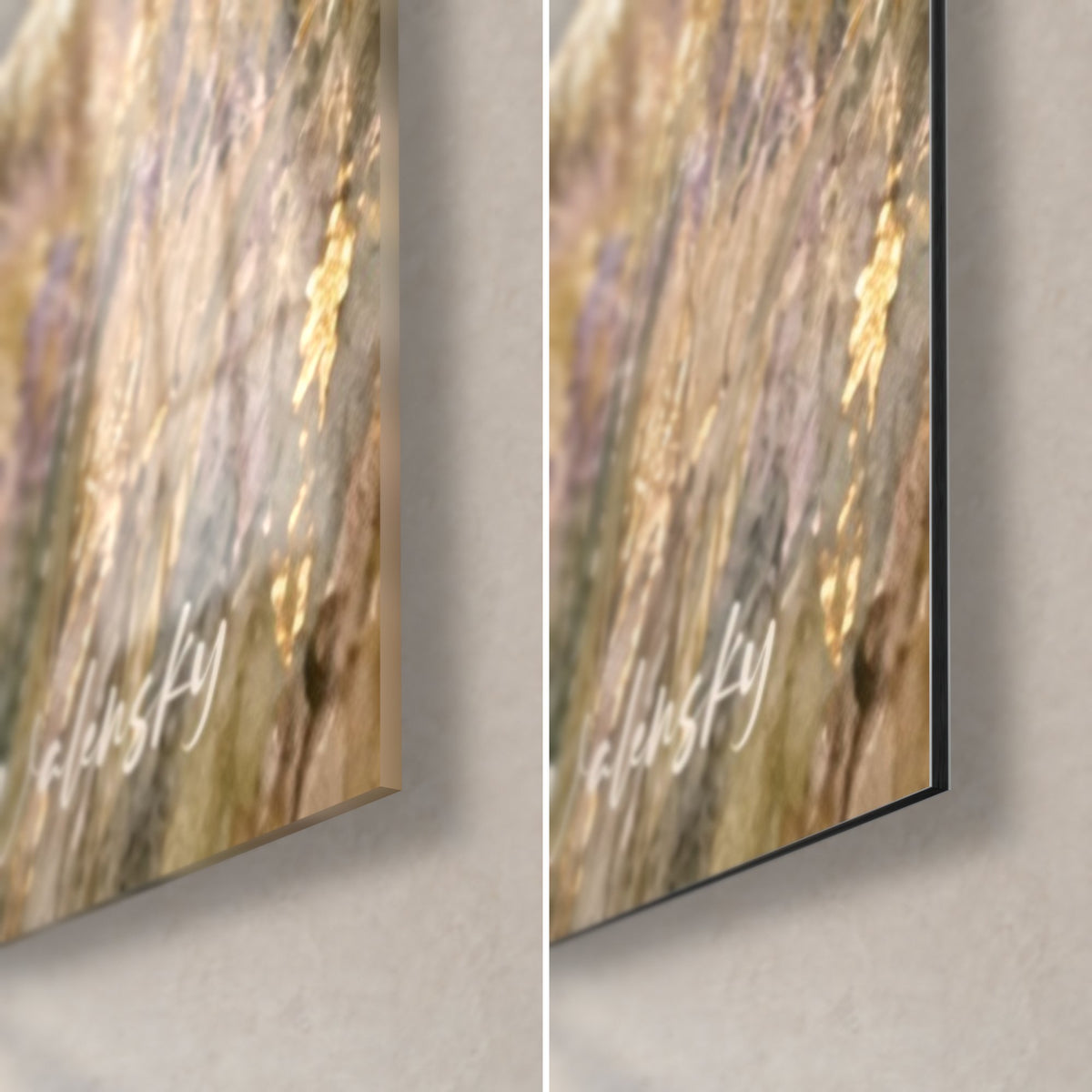 Tableau crinière ivoire aux reflets dorés, coin bas droit : verre acrylique brillant à gauche, Dibond noir mat à droite, tranche de 3 mm