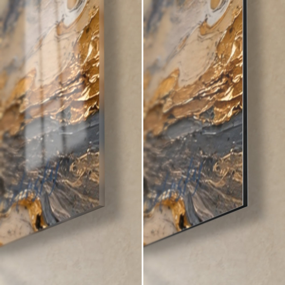 Tableau coursier blanc empâté d'or, coin bas droit : verre brillant à reflets bleus et ocre, Dibond mat, tranche de 3 mm