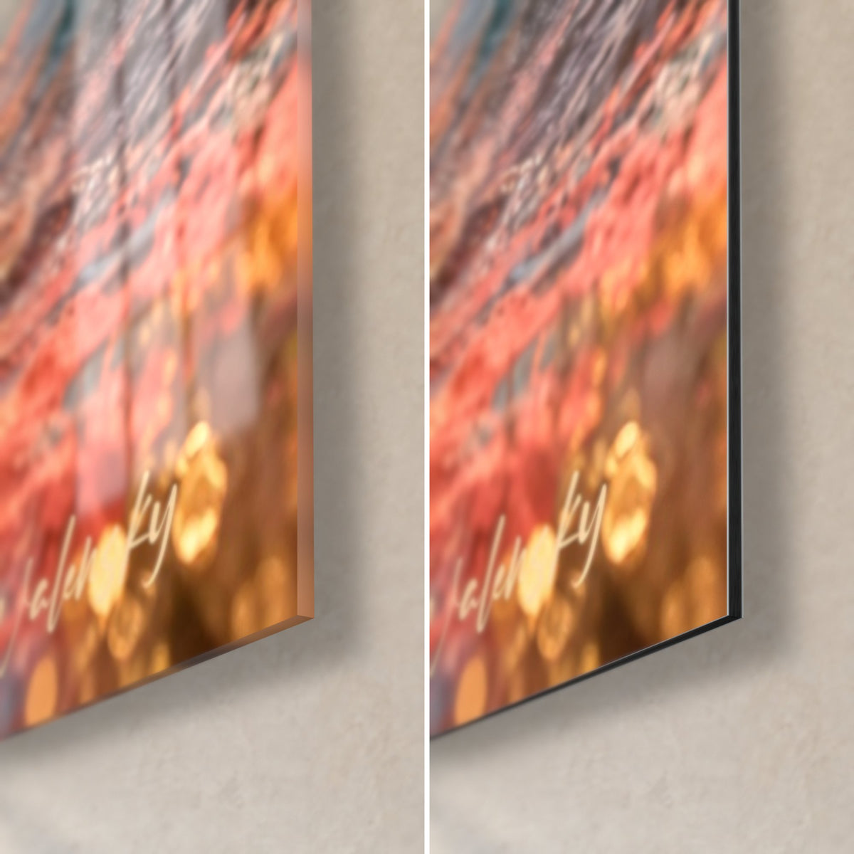 Gemälde weißes Ross, untere rechte Ecke: glänzendes Acrylglas mit orangefarbenen und rosa Reflexen, mattes schwarzes Dibond, 3 mm Kante