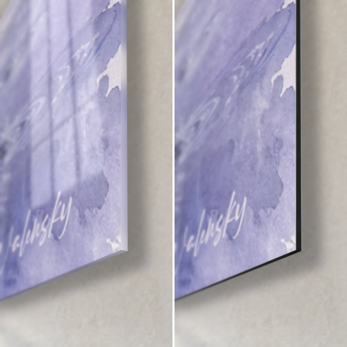 Tableau cheval à la robe blanche en aquarelle, coin bas droit : verre acrylique brillant et alu Dibond mat violet, tranche de 3 mm