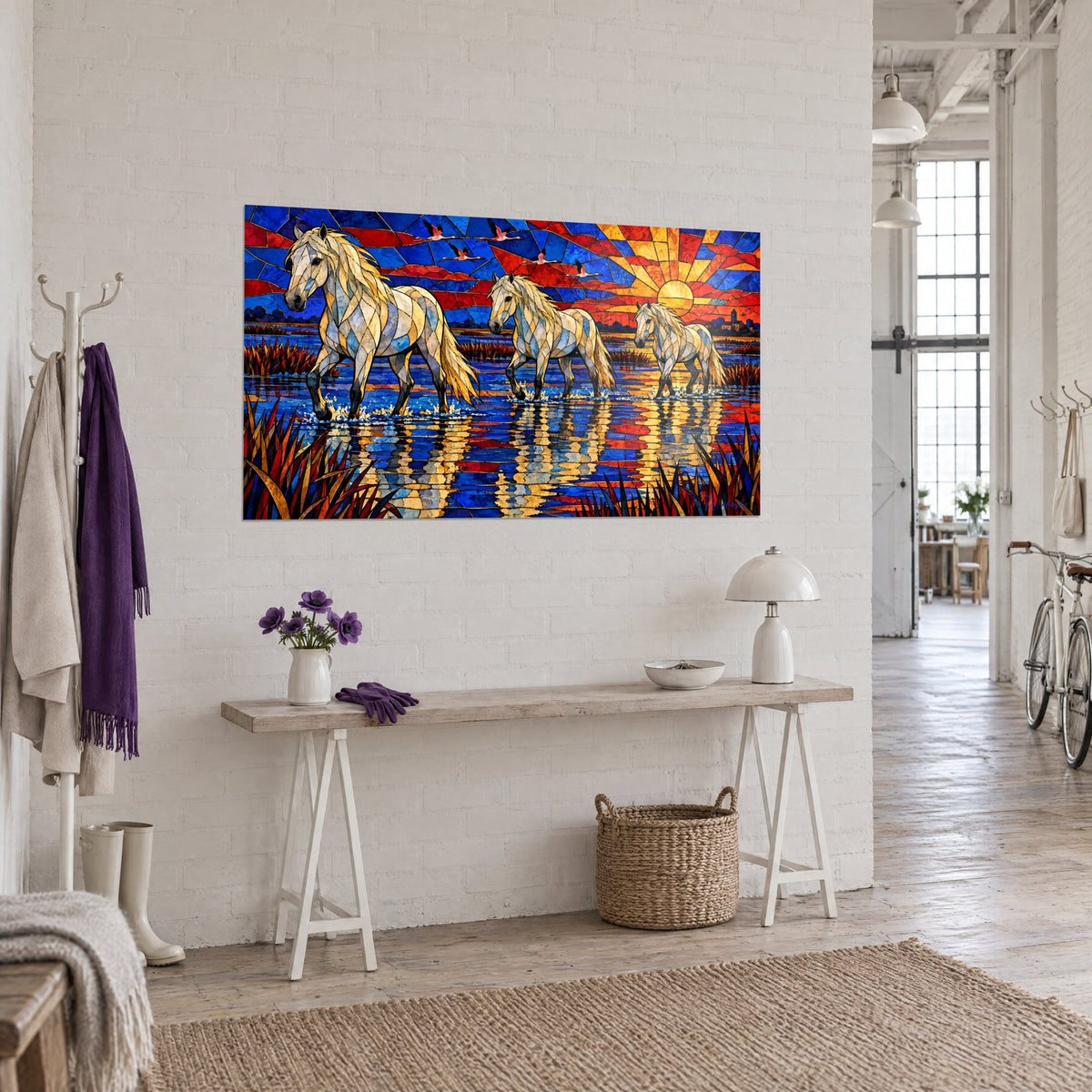 Tableau chevaux blancs en vitrail marchant dans un marais cobalt et rouge, flamants roses au ciel, accroché au-dessus d'une console en bois clair
