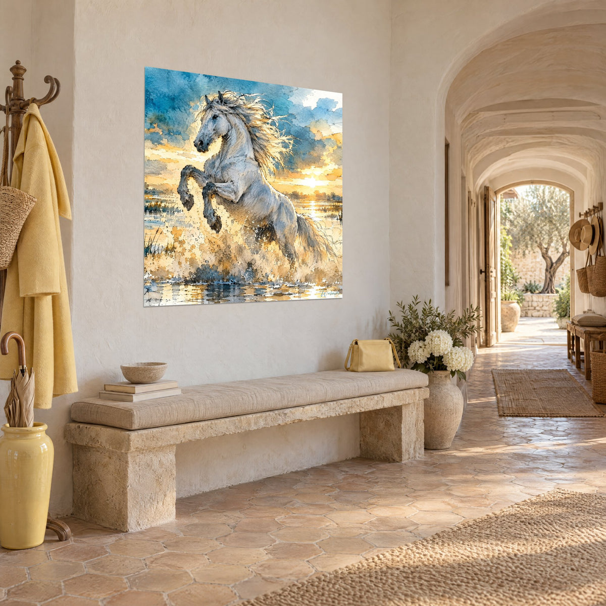 Tableau cheval de Camargue gris perle dressé sur ses postérieurs, crinière blonde, marais jaune safran, couloir de mas