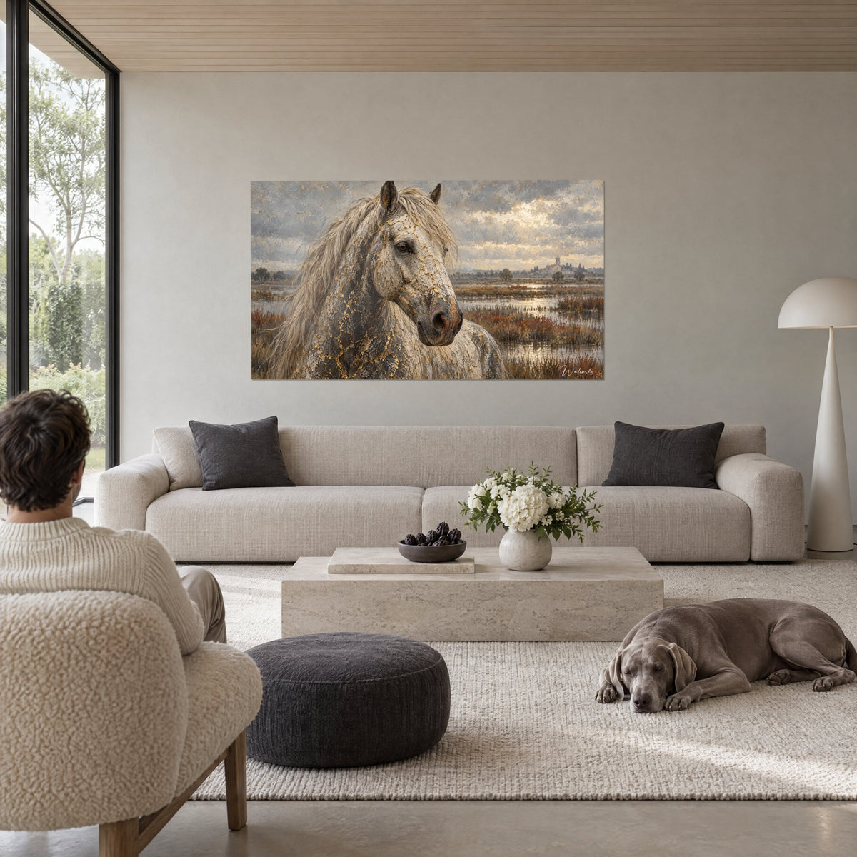 Tableau cheval blanc aux craquelures dorées, crinière beige, marais roux, au-dessus d'un canapé dans un salon lumineux