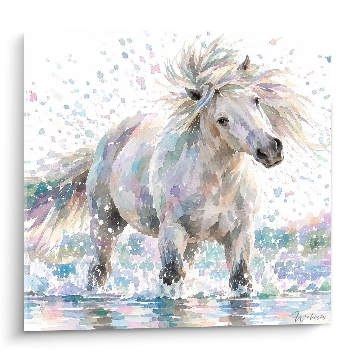 Tableau Cheval de Camargue blanc crinière lavande galopant dans des éclaboussures bleu pastel