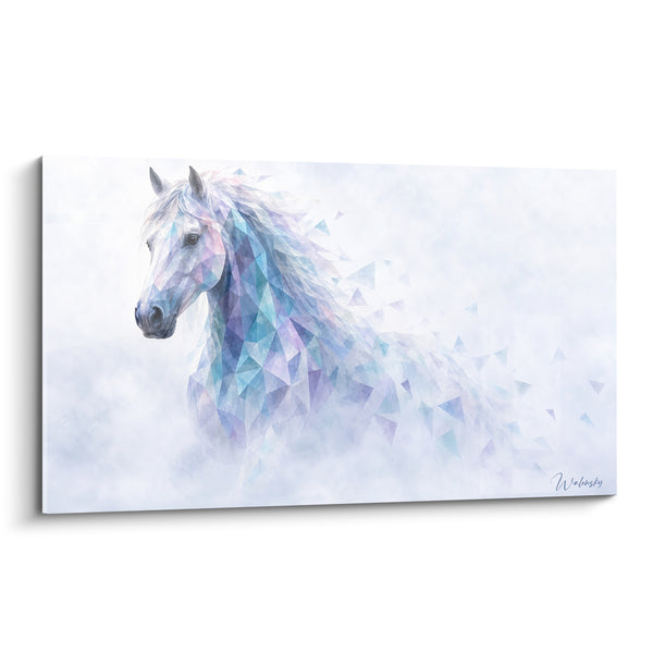 Tableau Cheval blanc aux fragments bleus et violets - Souffle de cristal - Edition Cheval de Camargue