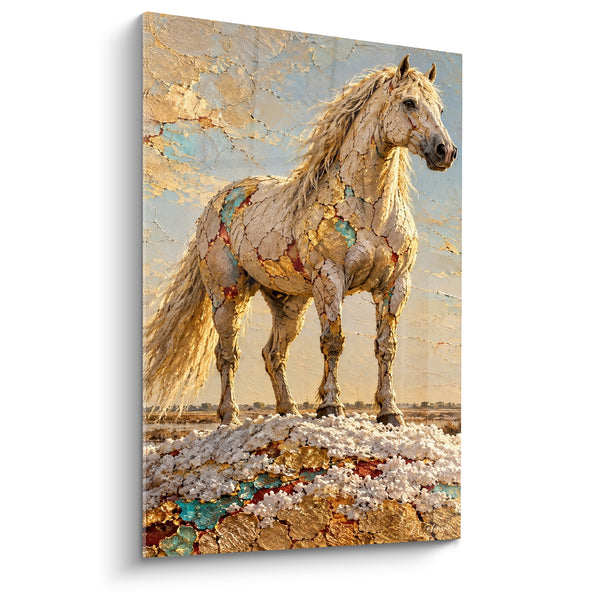 Tela Cavallo bianco dorato con screpolature turchesi - Maestà minerale - Edizione Cavallo della Camargue