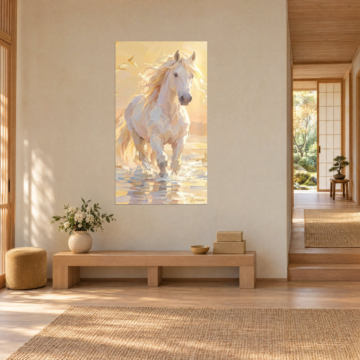 Tableau cheval camarguais éclaboussant l'eau ambrée, robe nacrée et reflets miel, couloir japandi en trois-quarts