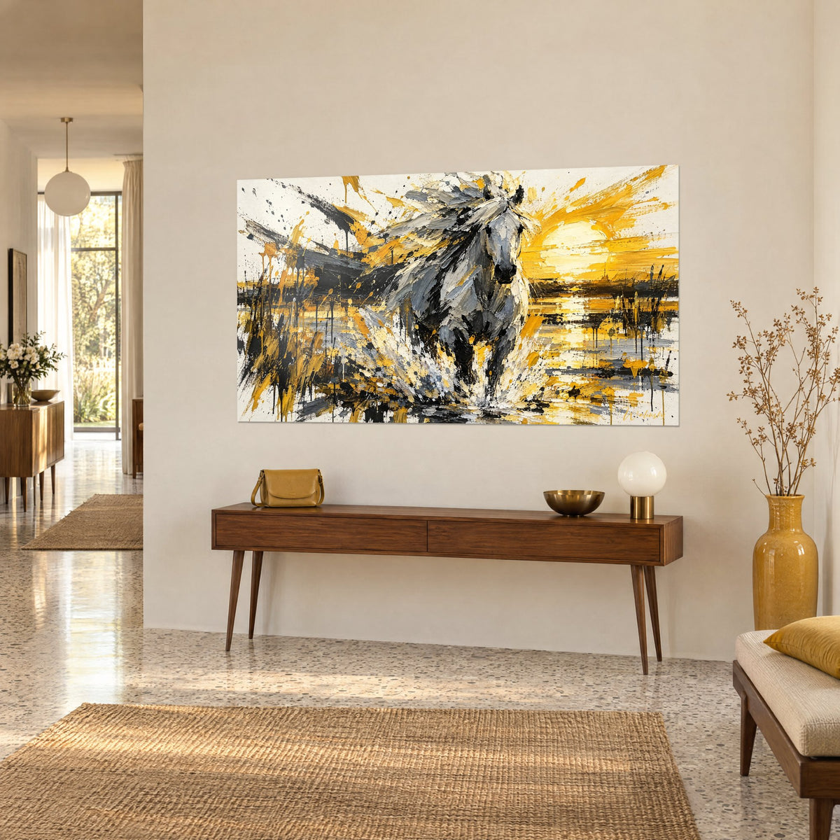 Tableau cheval de Camargue éclaboussant le marais, robe grise et crinière noire, éclats dorés, sur un mur crème au-dessus d'une console en bois