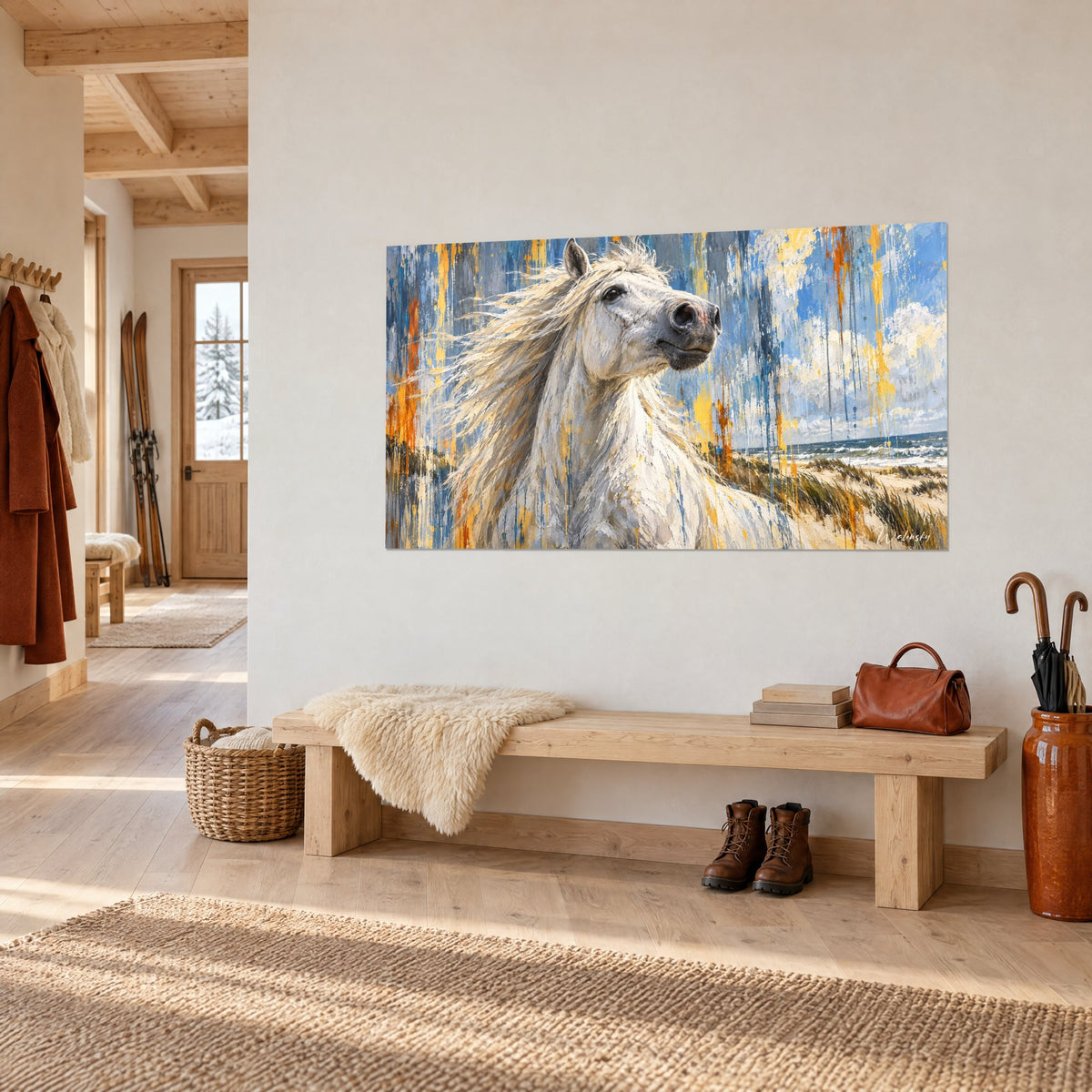 Tableau étalon d'un blanc nacré face à la mer, coulures bleues et ocre, sur un mur crème d'une entrée en chalet