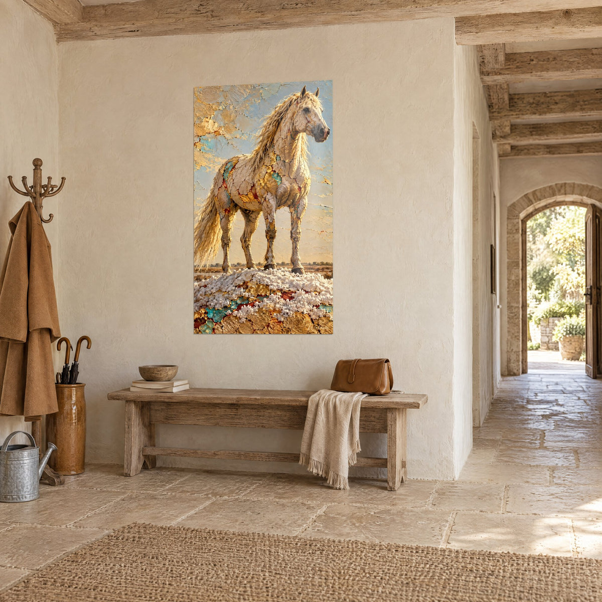 Quadro cavallo bianco dalla criniera avorio, manto screpolato d'oro e turchese, cielo azzurro pallido, nell'ingresso di una casa in pietra