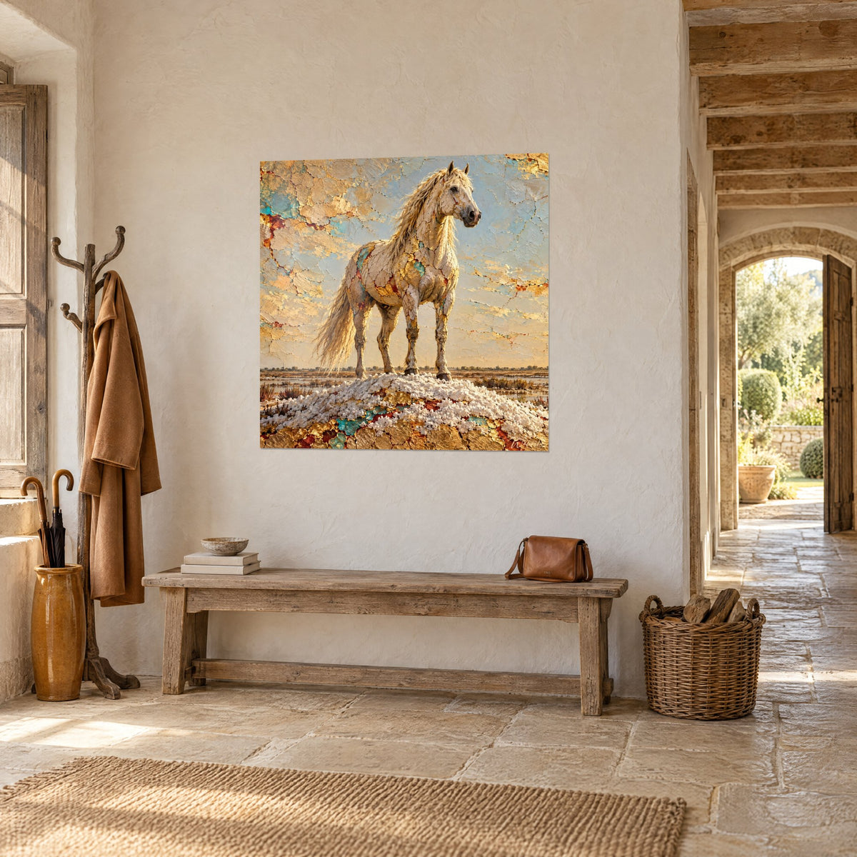 Tableau étalon camarguais ivoire aux craquelures d'or et de rouge, posé sur un tas de sel, dans l'entrée en pierre d'une maison de campagne