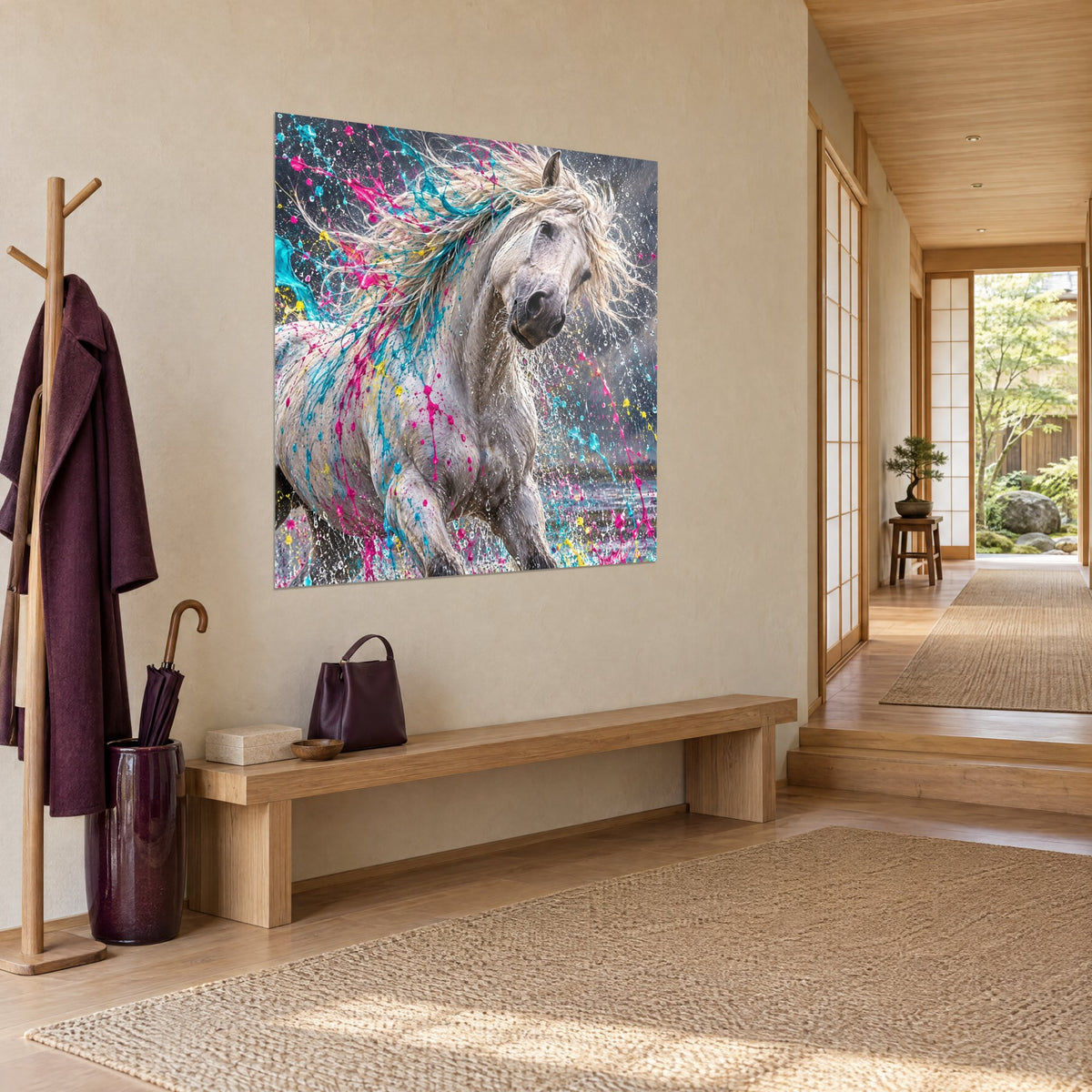 Tableau cheval camarguais gris perle cabré dans l'eau, gouttes roses et jaunes, mur beige d'une entrée japandi