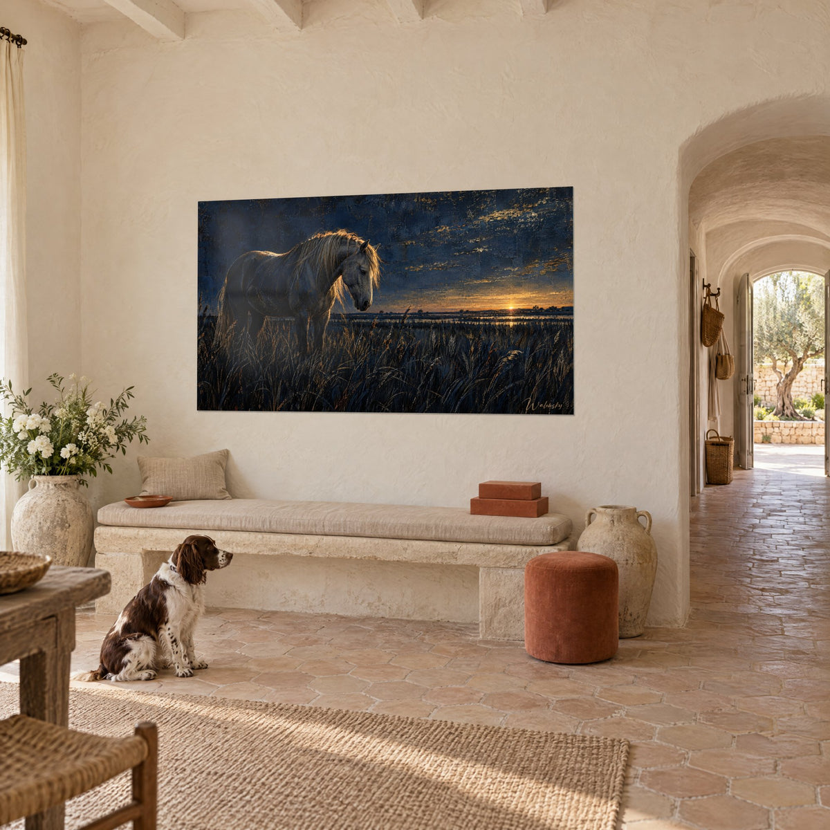 Tableau étalon gris perle penché dans les roseaux sombres, ciel bleu marine et or craquelé, mur chaulé d'un mas provençal avec un spaniel