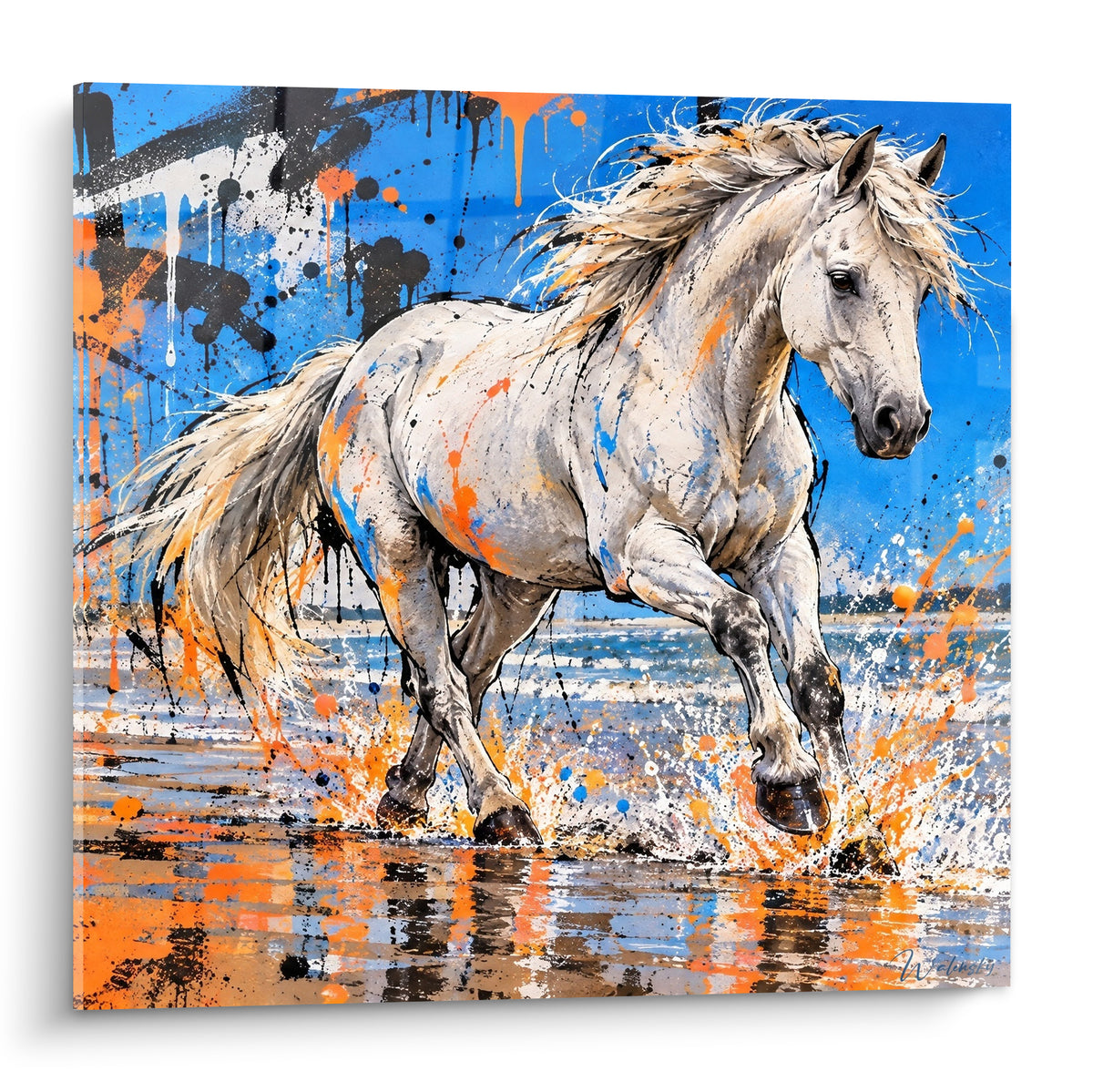 Tableau Cheval de Camargue blanc galopant dans l'eau, éclaboussures bleu marine et orange vif