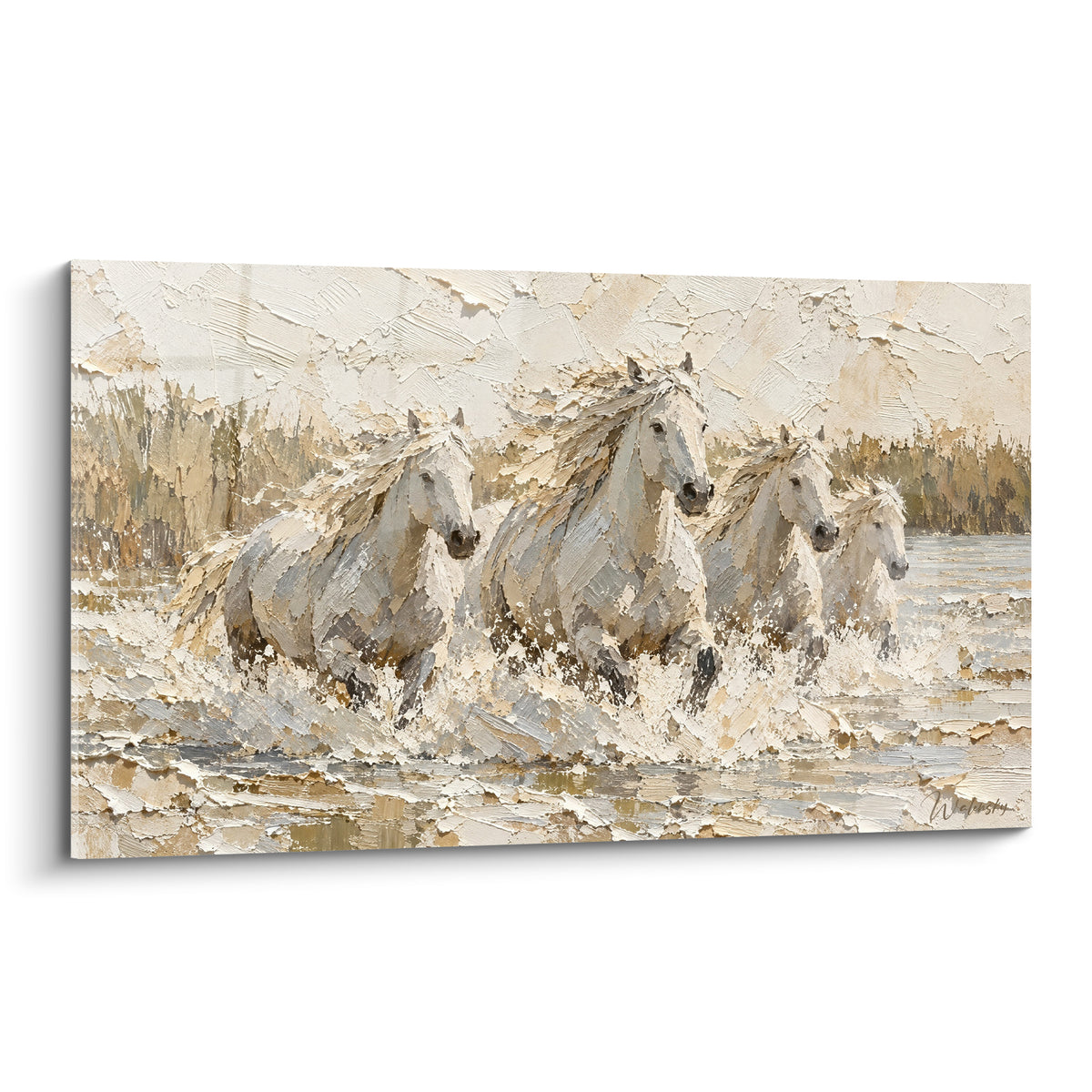 Tableau Cheval de Camargue blanc et doré galopant dans l'eau éclaboussée au couteau