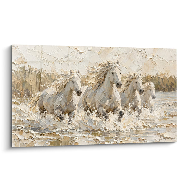 Tableau Chevaux blancs beige et gris en troupeau - Course au galop - Edition Cheval de Camargue