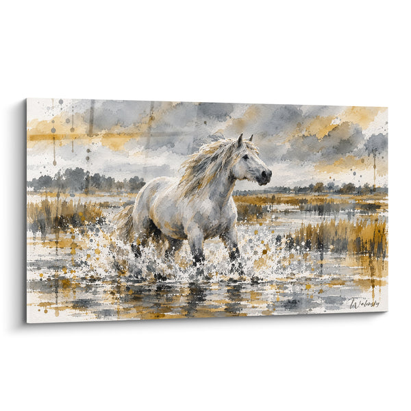 Tableau Cheval blanc dans marais doré - Course sauvage dans l'eau - Edition Cheval de Camargue