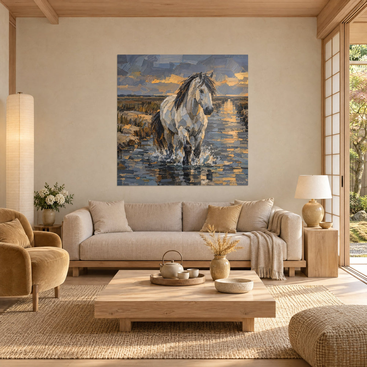 Tableau cheval gris aux crins noirs éclaboussant le canal, ciel ardoise et or, au-dessus d'un canapé dans un salon lumineux
