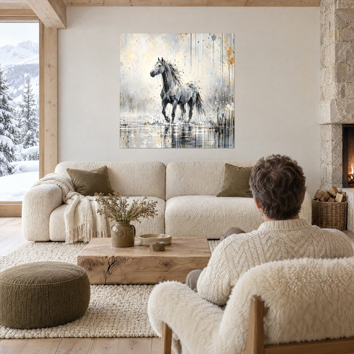 Tableau cheval gris pommelé piétinant l'eau, éclaboussures dorées et noires, deux personnes de dos, au-dessus d'un canapé dans un salon lumineux