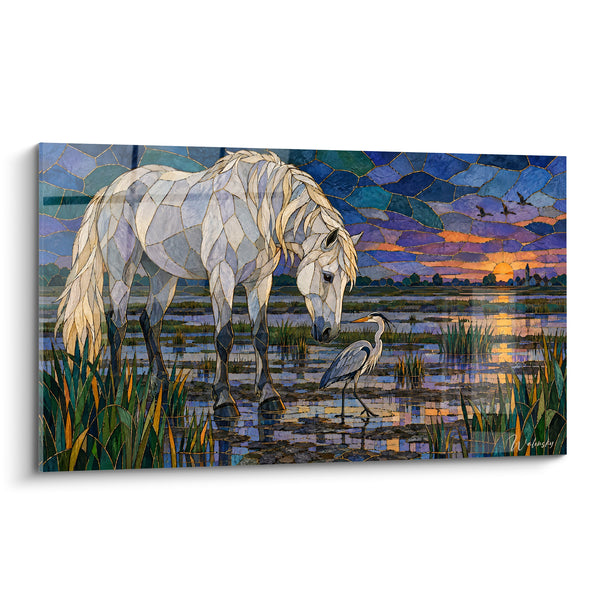 Tableau Cheval blanc et héron bleu au marais - Rencontre au crépuscule - Edition Cheval de Camargue