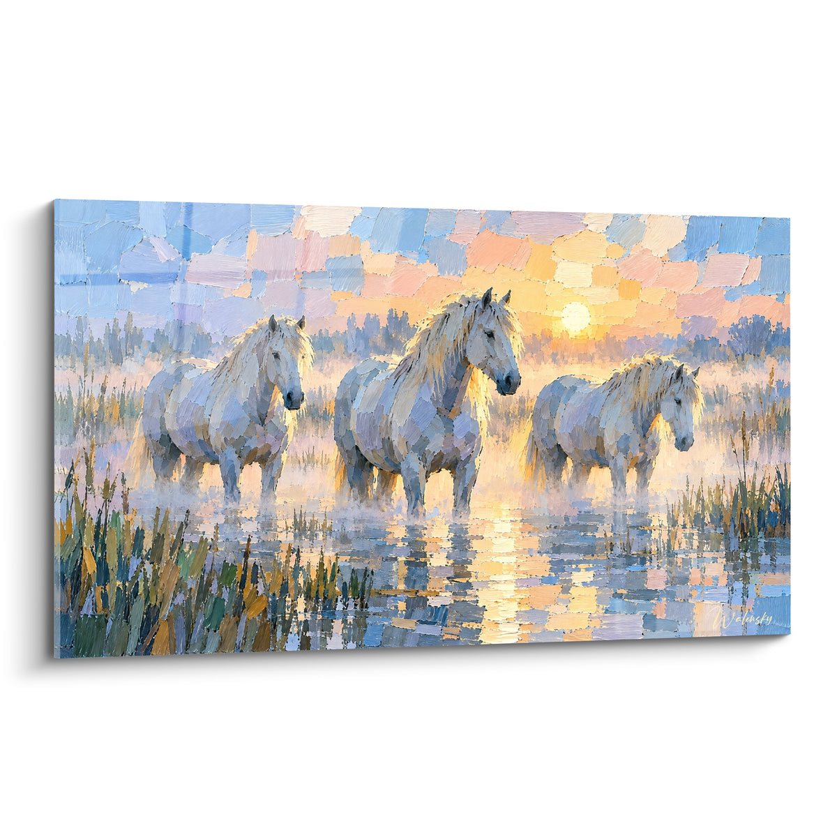 Tableau Cheval de Camargue blanc traversant un marais doré au lever du soleil bleu pastel