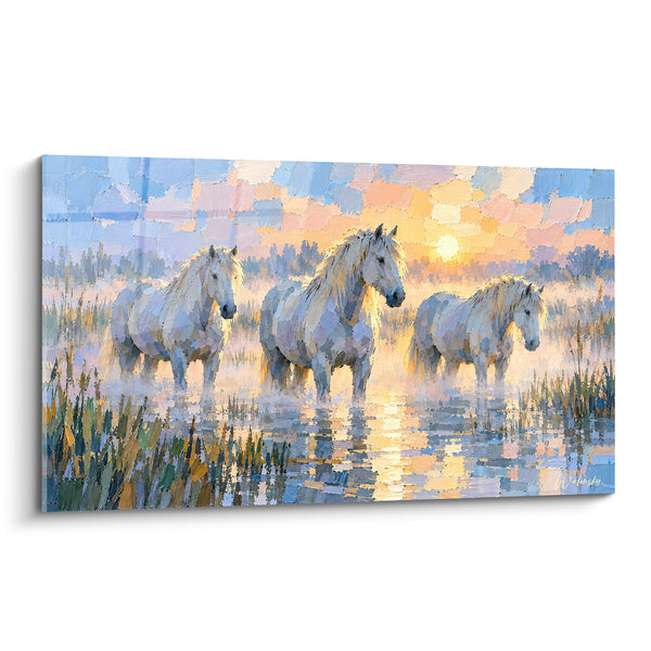 Tableau Chevaux blancs dans marais doré - Aube sur les marais - Edition Cheval de Camargue