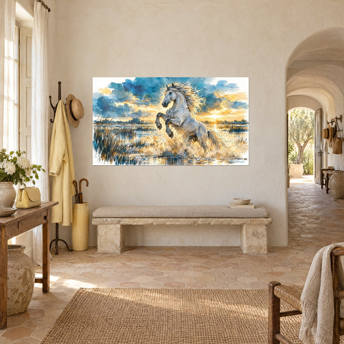 Tableau cheval de Camargue dressé dans les éclaboussures, ciel turquoise et jaune safran, mur de mas provençal en pierre