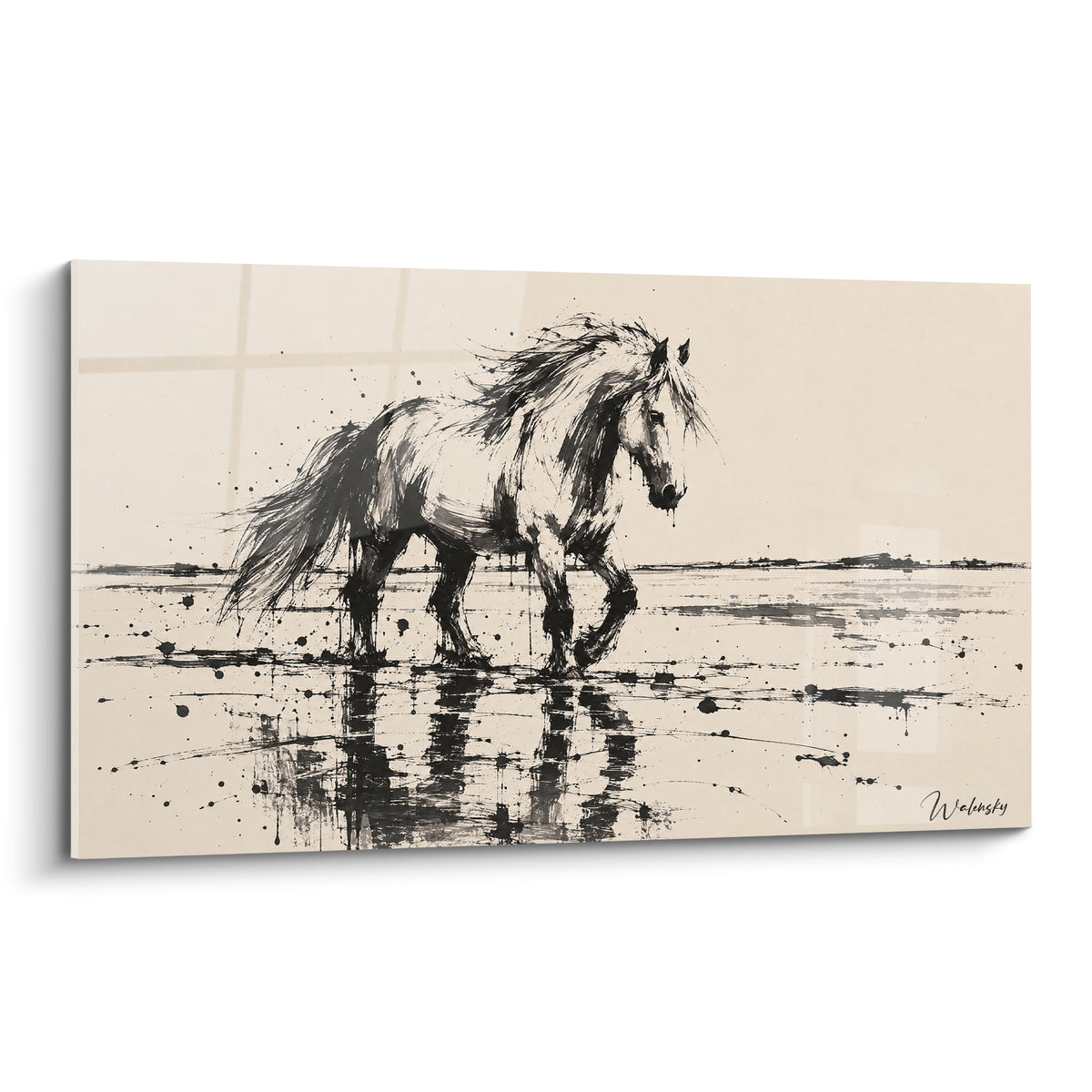 Tableau Cheval de Camargue noir et beige, étalon à la crinière vive traversant l'eau peu profonde