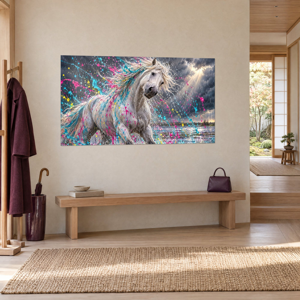Tableau cheval de Camargue sous un ciel d'orage gris, projections jaunes et magenta, accroché près d'un banc en bois clair