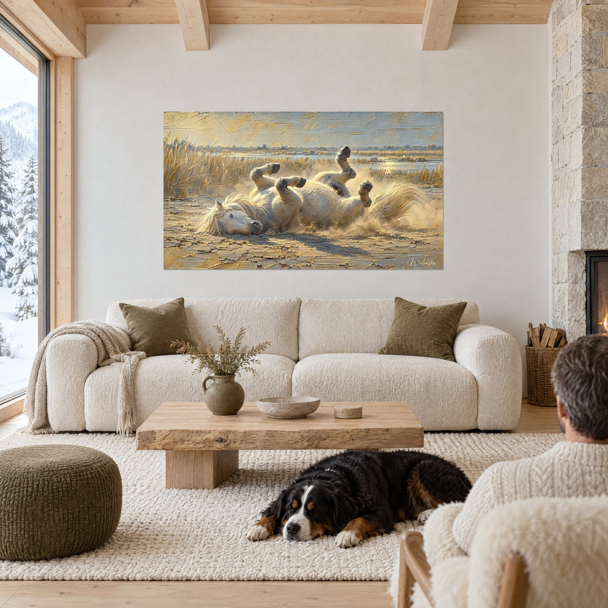 Tableau cheval blanc roulant sur le dos, sabots en l'air, crinière ivoire dans la poussière dorée, au-dessus d'un canapé dans un salon lumineux