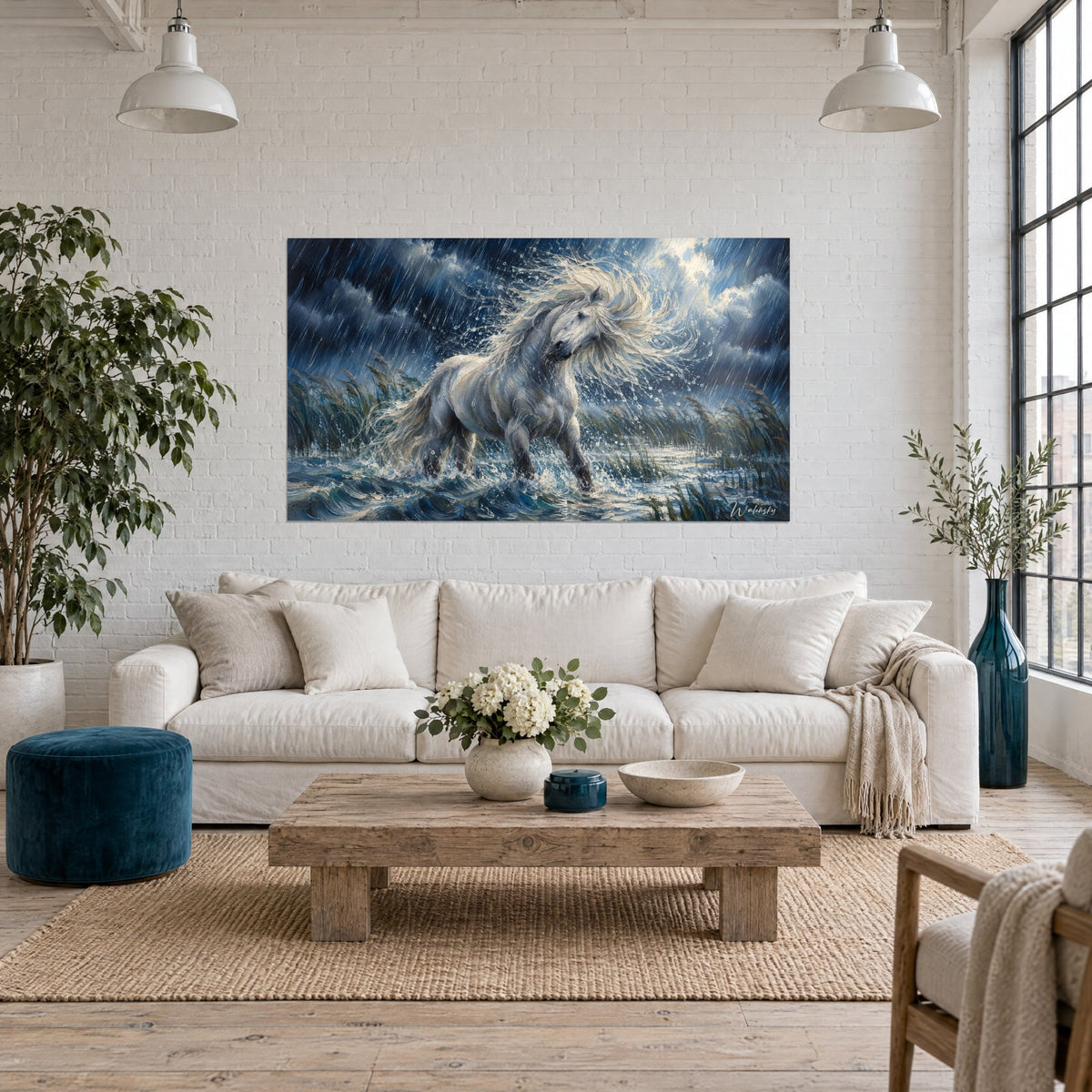 Tableau cheval blanc cabré, crinière argentée éclaboussée, nuages bleu nuit, roseaux verts, au-dessus d'un canapé dans un salon lumineux