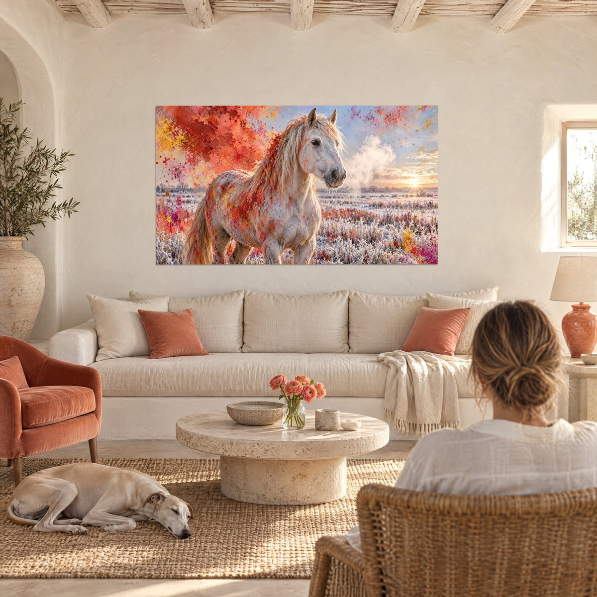 Tableau cheval blanc de Camargue éclaboussé de rouge et d'orangé, crinière flottante, au-dessus d'un canapé dans un salon lumineux