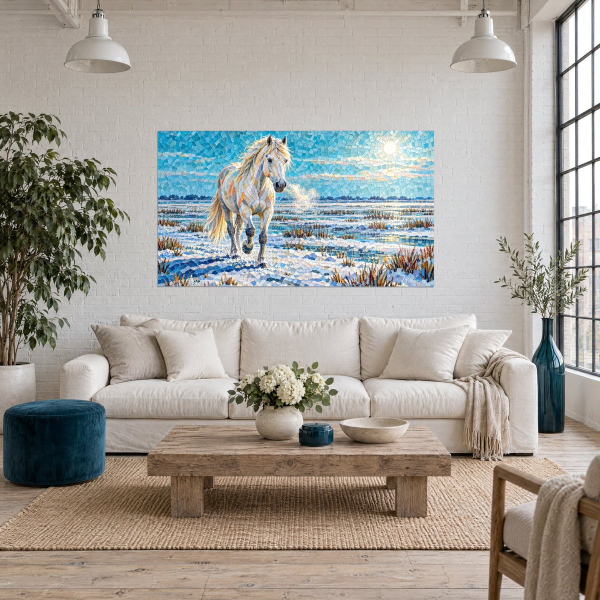 Tableau cheval blanc en mosaïque, crinière dorée, ciel turquoise et marais givrés, au-dessus d'un canapé dans un salon lumineux