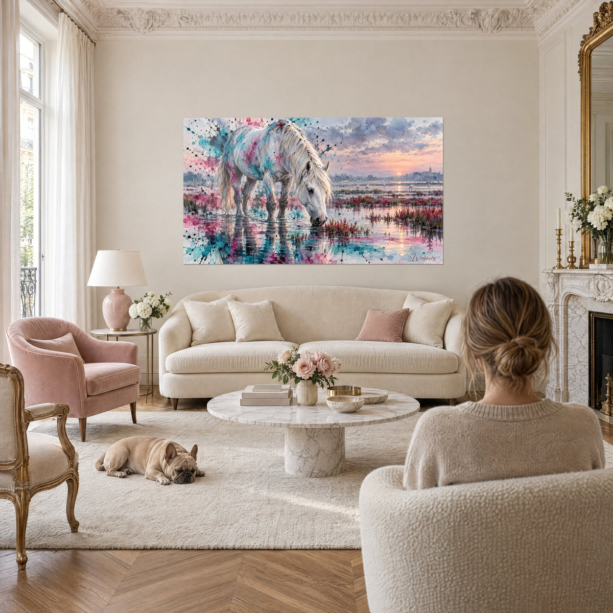 Tableau cheval camarguais blanc buvant, éclaboussures rose et turquoise, flamants au loin, au-dessus d'un canapé dans un salon lumineux