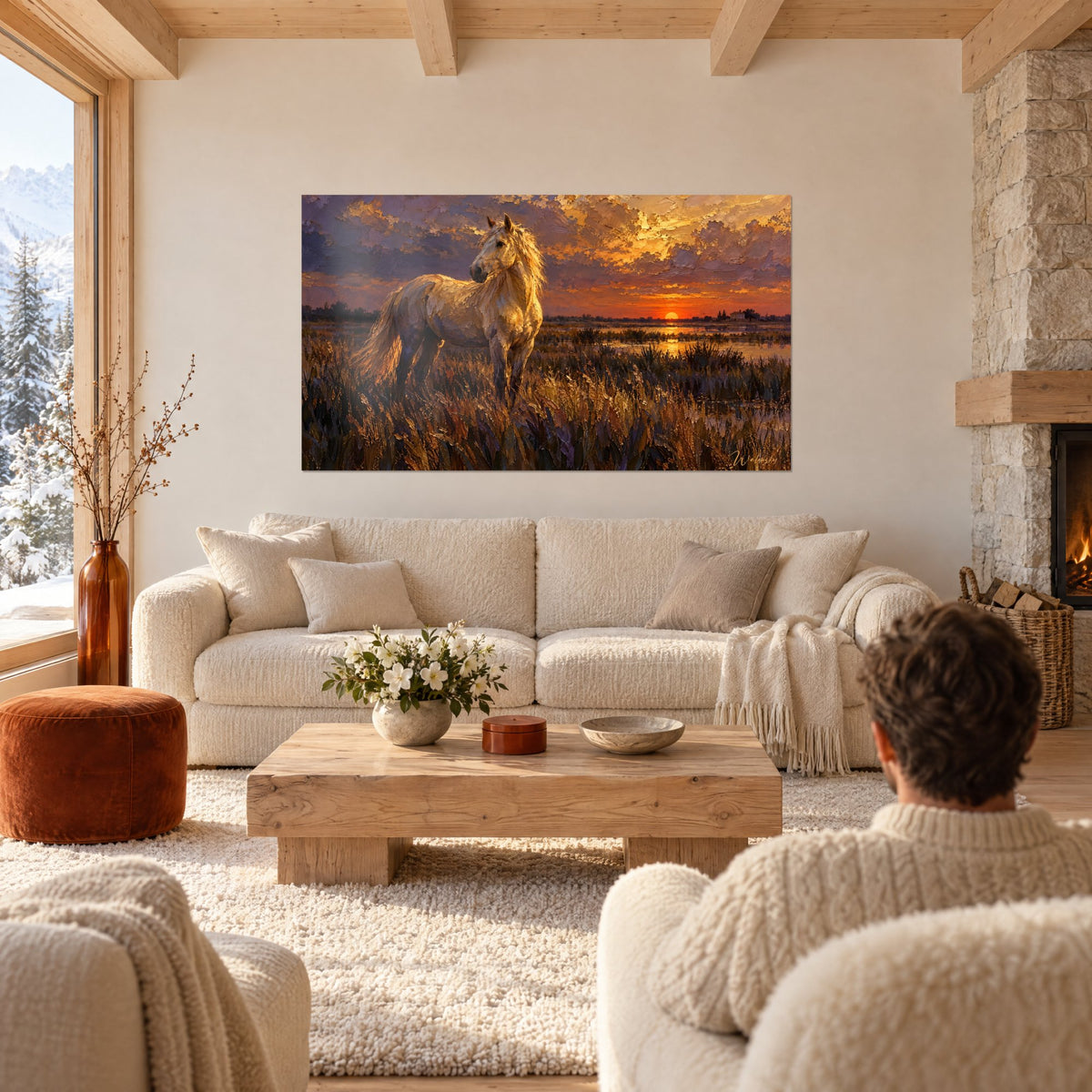 Tableau cheval blanc nimbé d'or dans les herbes brunes, ciel orange et violet, au-dessus d'un canapé dans un salon lumineux