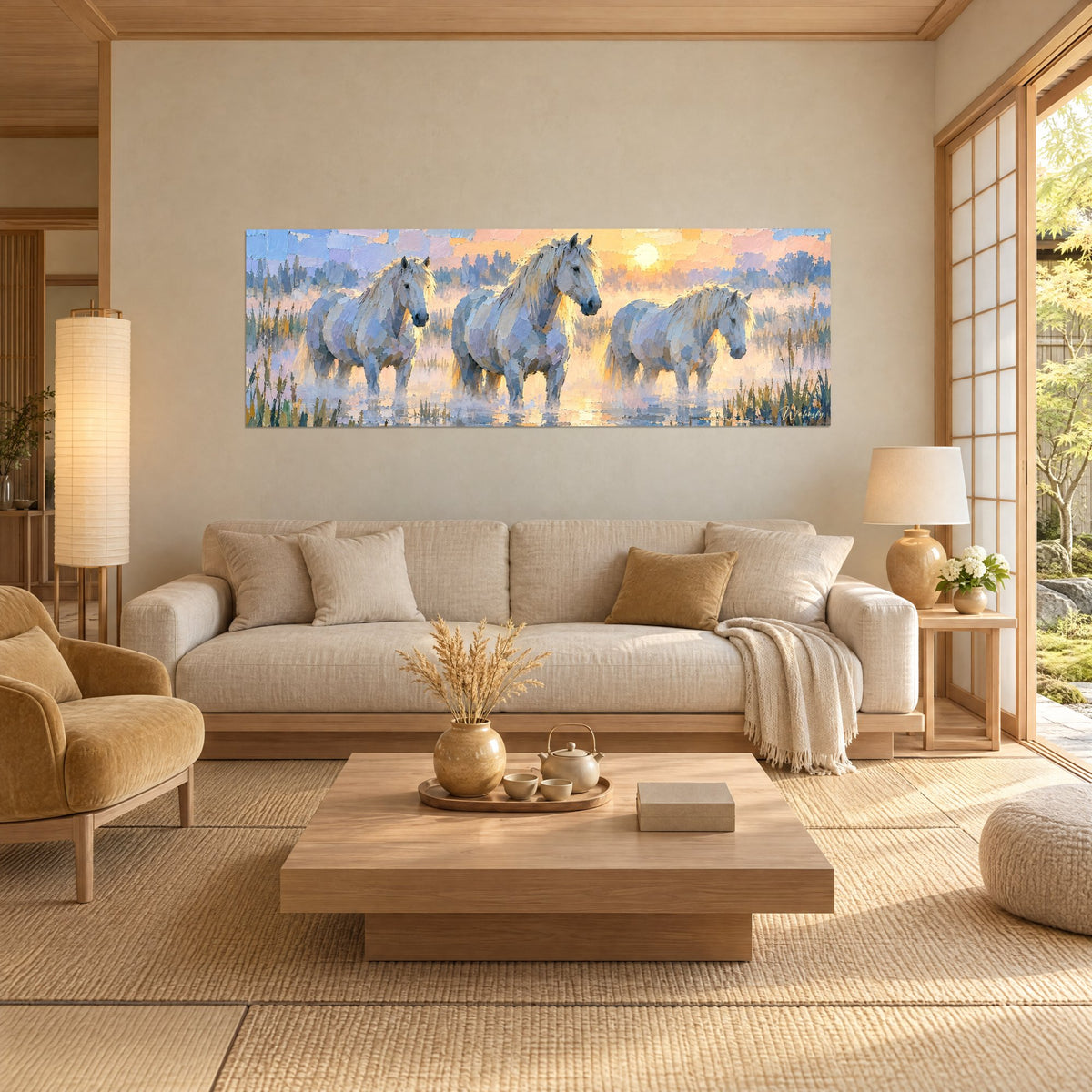 Tableau trio de chevaux blancs dans l'eau, crinières dorées et ciel pastel rose et bleu, au-dessus d'un canapé dans un salon lumineux