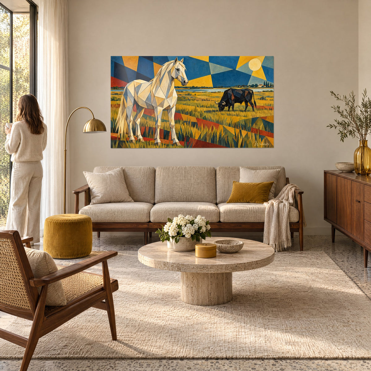 Tableau jument ivoire en facettes sous un soleil jaune pâle, taureau noir au loin, au-dessus d'un canapé dans un salon lumineux