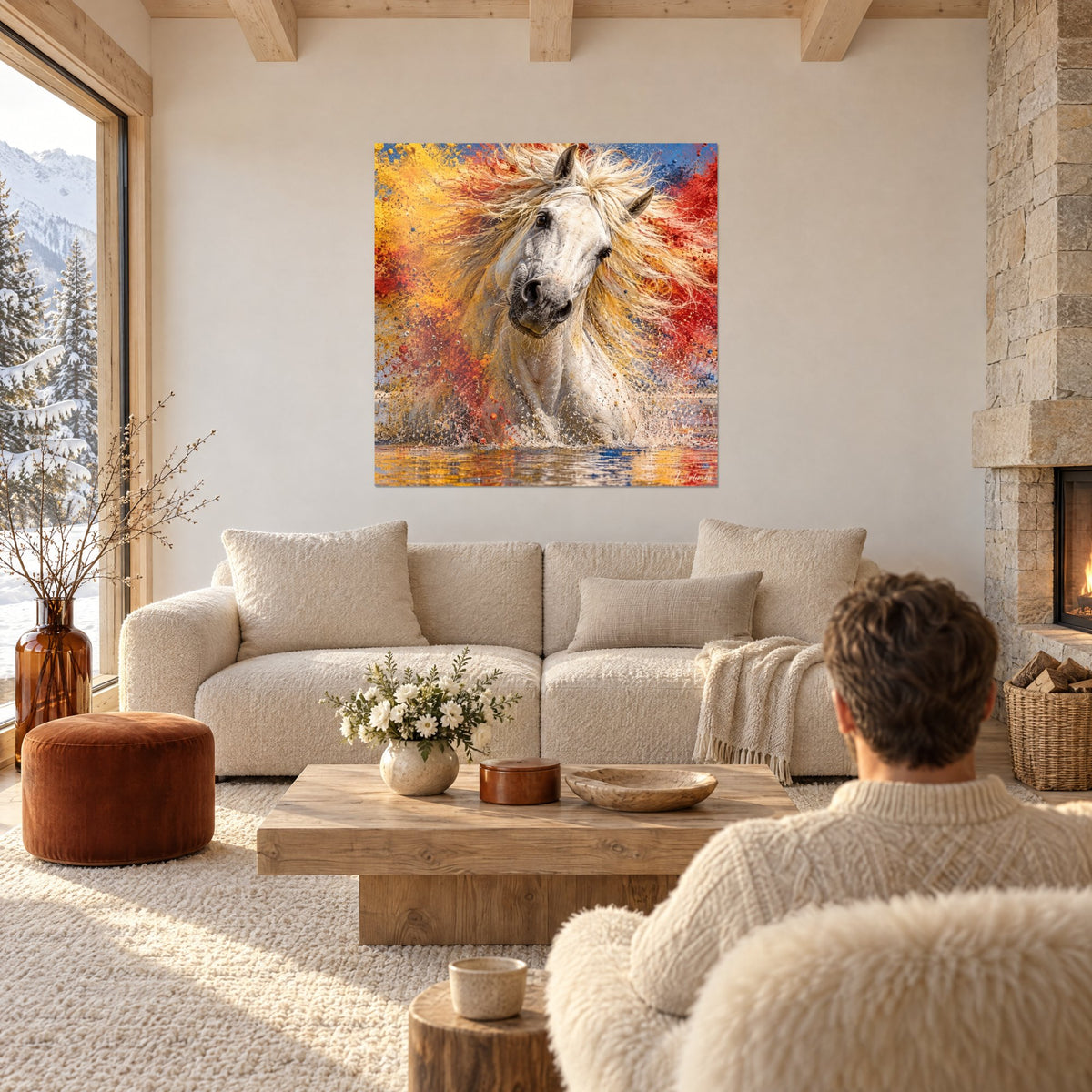 Tableau cheval blanc à la crinière dorée jaillissant d'une poussière jaune et rouge, au-dessus d'un canapé dans un salon lumineux