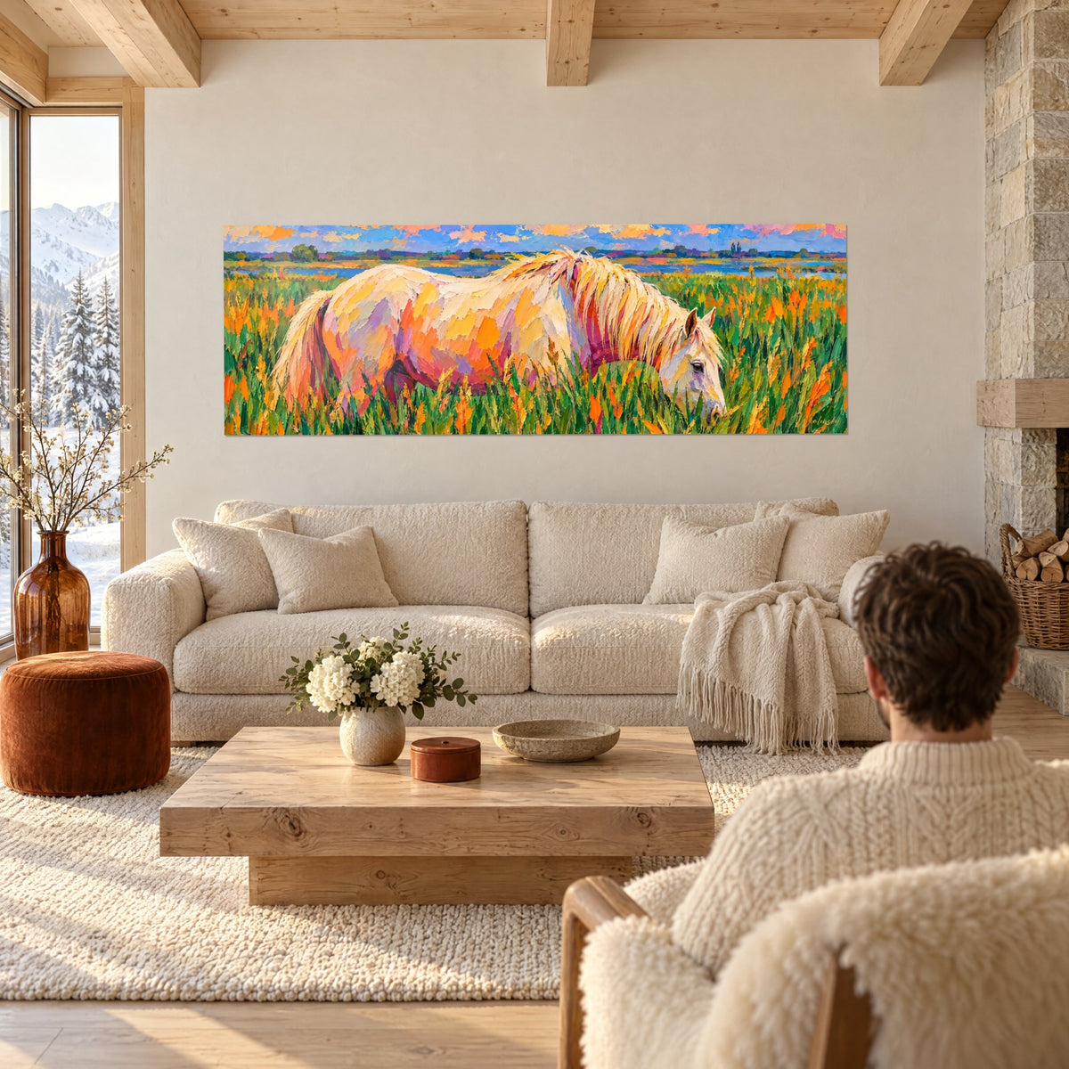 Tableau cheval blanc broutant, crinière dorée et prairie verte et orange, au-dessus d'un canapé dans un salon lumineux