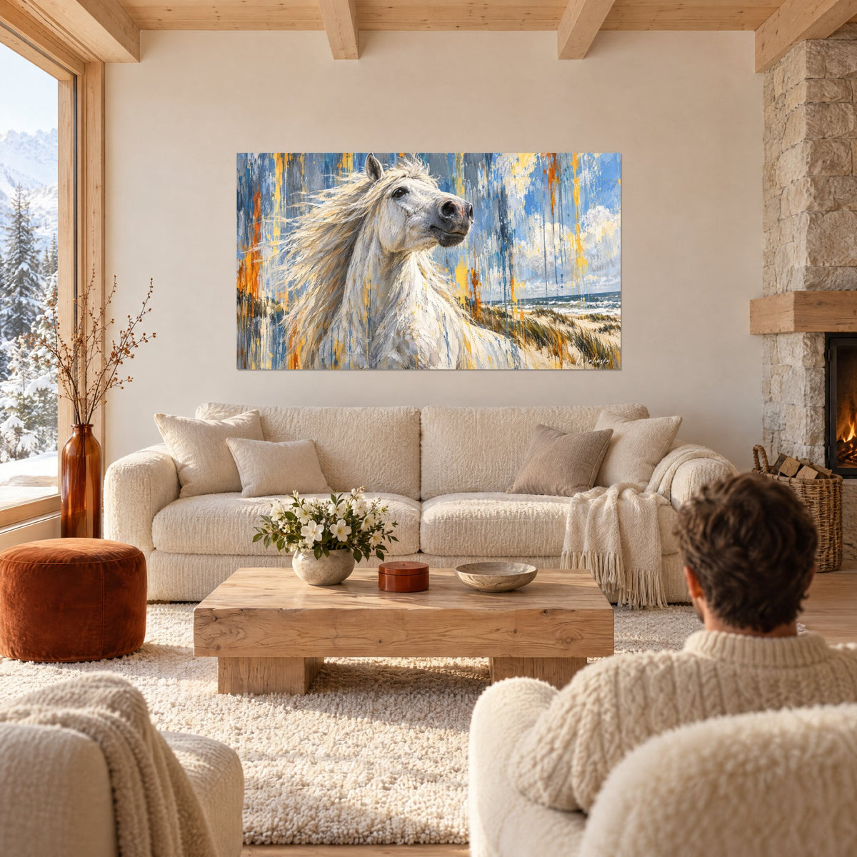 Tableau cheval blanc crinière dorée au vent, ciel bleu et touches orangées, au-dessus d'un canapé dans un salon lumineux
