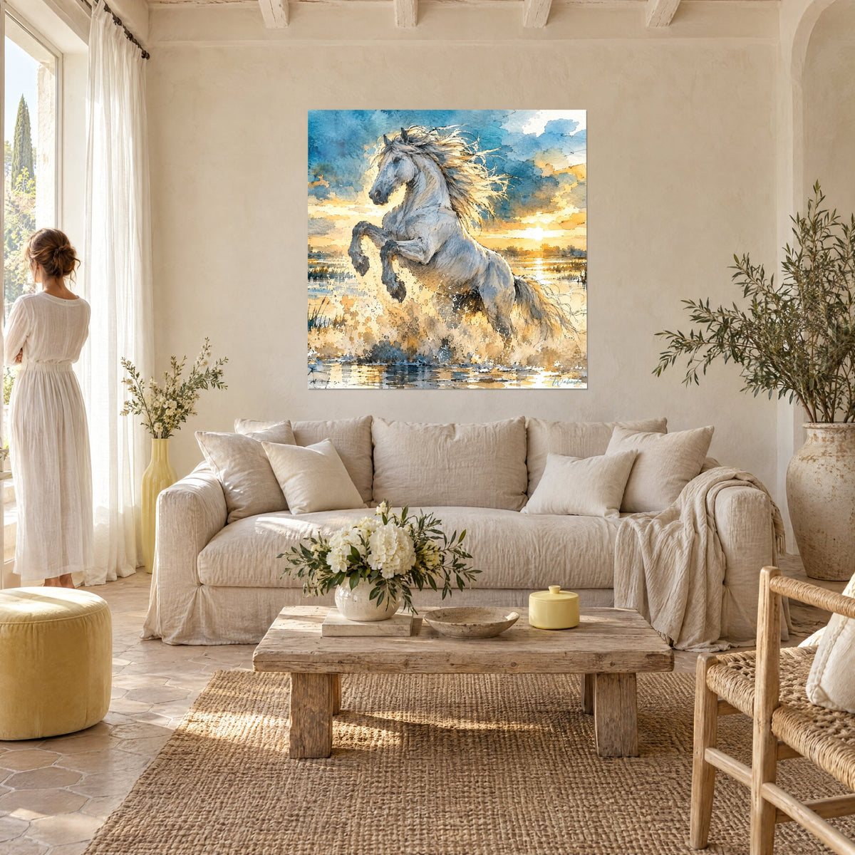 Tableau étalon blanc cabré dans l'eau dorée, ciel bleu et ocre ; couple de dos, au-dessus d'un canapé dans un salon lumineux