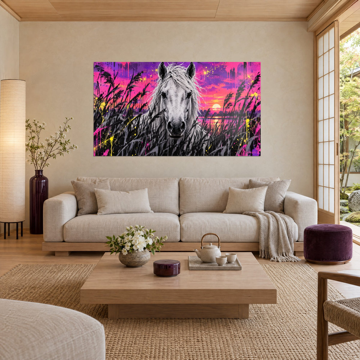 Tableau cheval blanc de Camargue, crinière claire et ciel rose violet, au-dessus d'un canapé dans un salon lumineux