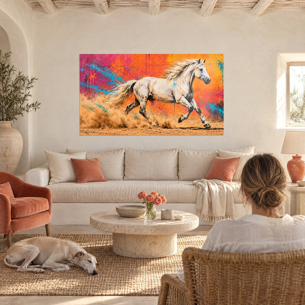 Tableau étalon blanc au galop dans un nuage de sable doré, fond rose et orange, au-dessus d'un canapé dans un salon lumineux
