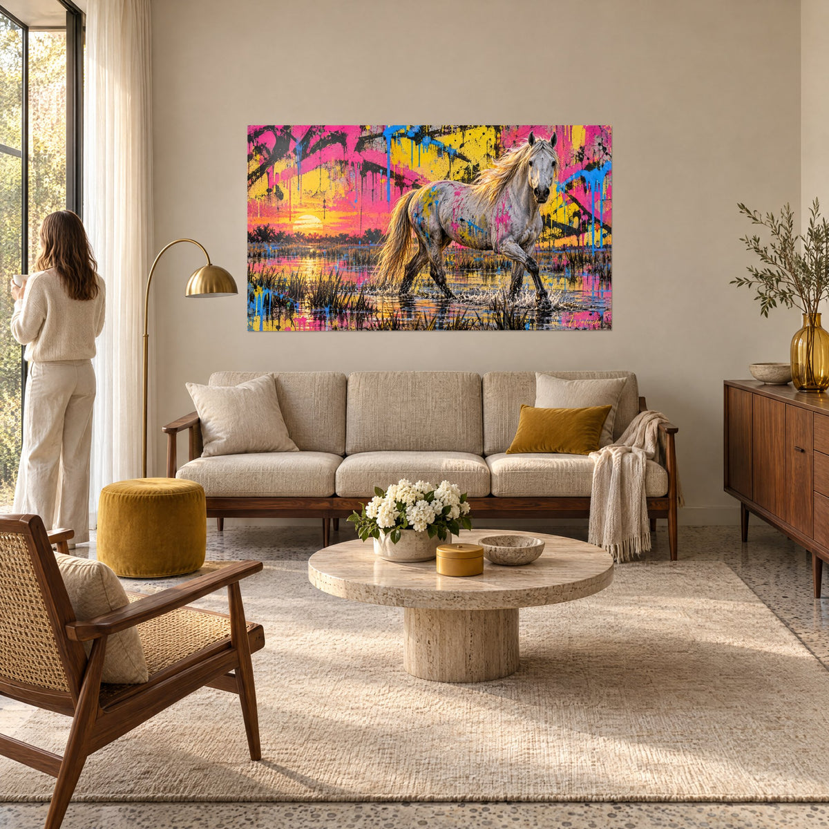 Tableau cheval blanc dans un marais rose et jaune, crinière dorée, soleil couchant, au-dessus d'un canapé dans un salon lumineux