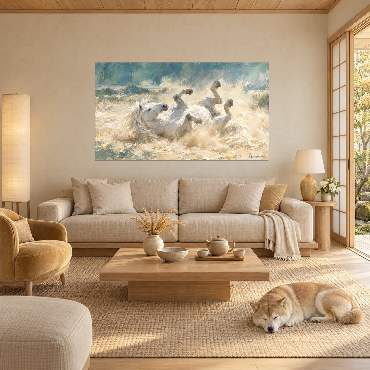 Tableau cheval blanc cabré sur le dos, sabots levés dans un nuage de sable doré et bleu-vert, au-dessus d'un canapé dans un salon lumineux