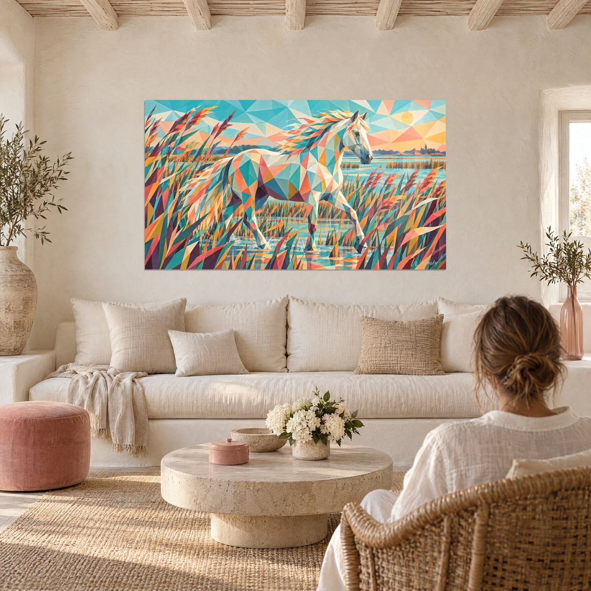Tableau cheval blanc aux facettes turquoise et corail, crinière flamboyante, roseaux dorés, au-dessus d'un canapé dans un salon lumineux