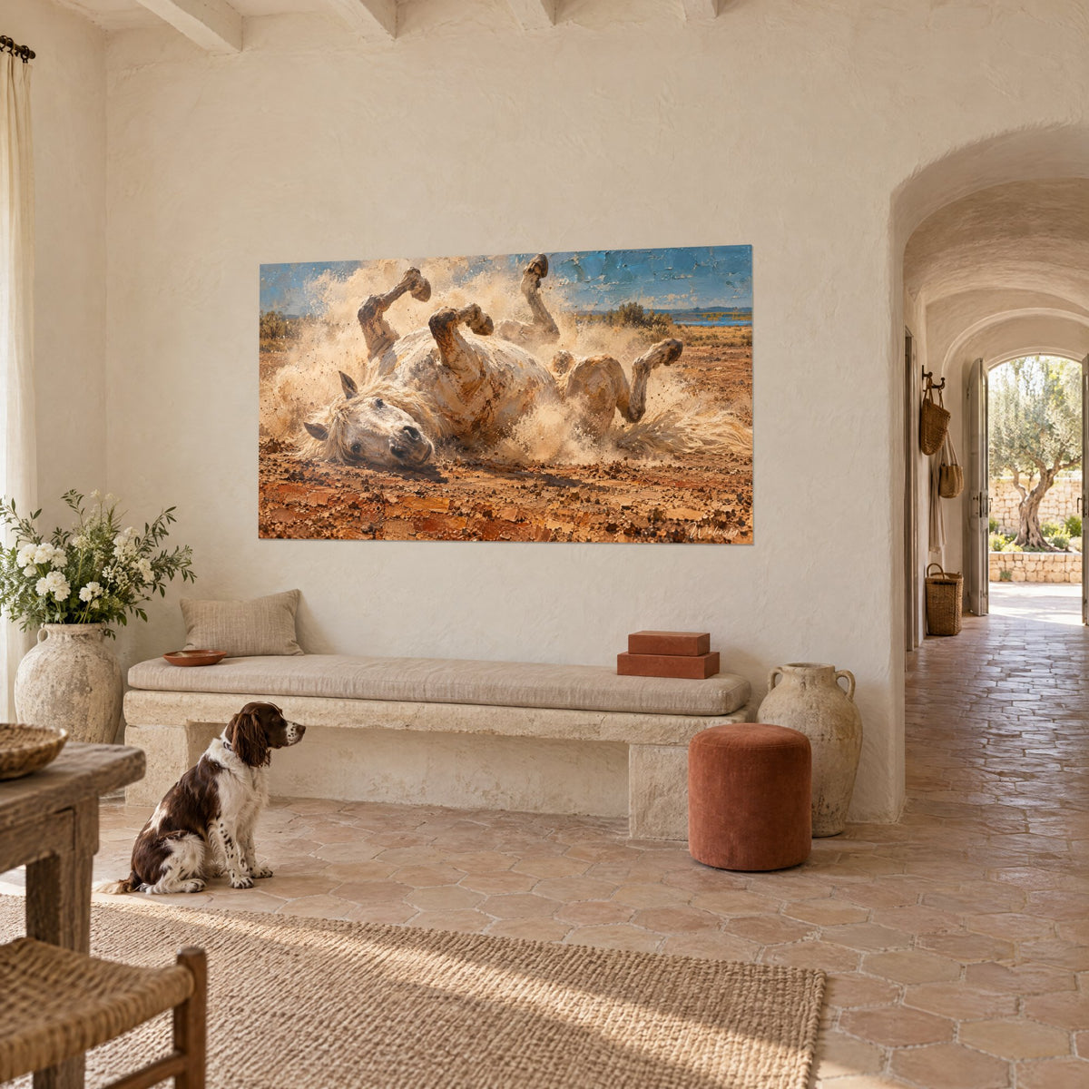 Tableau robe ivoire couverte de terre rousse, sabots en l'air sur fond turquoise, dans un mas provençal avec un spaniel