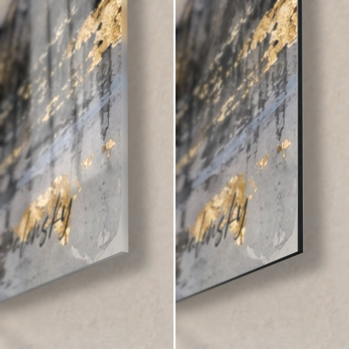 Quadro cavallo bianco con paillettes d'oro, angolo in basso a destra: vetro acrilico lucido a sinistra, Dibond nero opaco a destra, spessore 3 mm